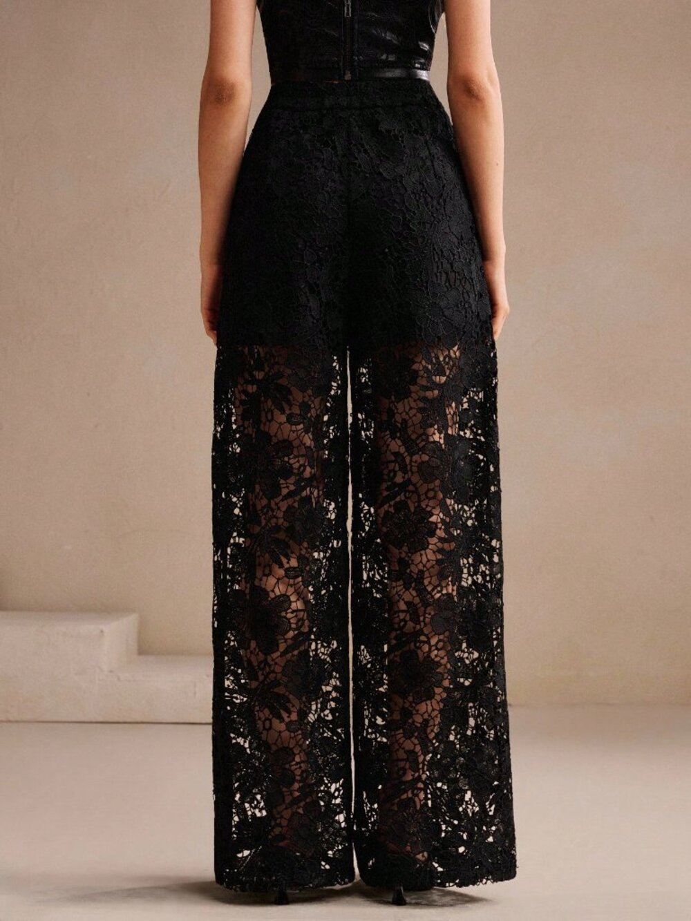 Black Elegant Women's Floral Lace Hollow-Out Pants - Picture 2 of 7